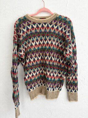 Vintage Boston Traders Grandpa Sweater L Silk Cotton Geometric Knit 90s
